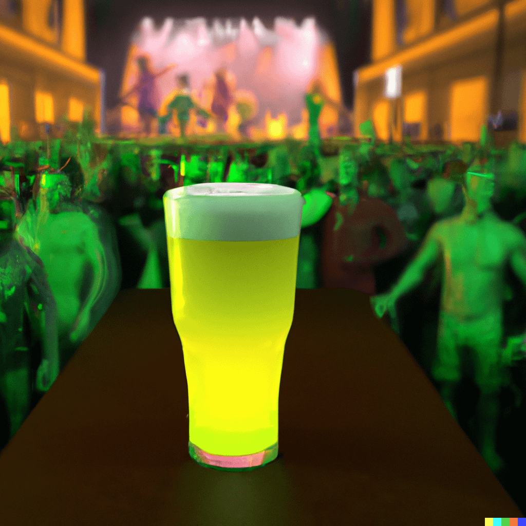 3D render of a pint of beer in front and partying Irish crowd in the background