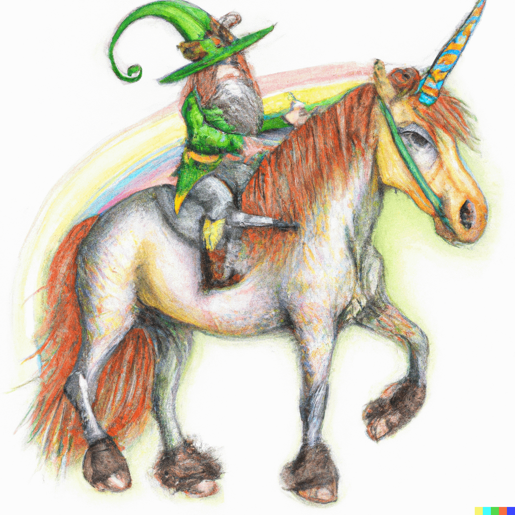 A pencil and watercolor drawing of Leprechaun riding a unicorn