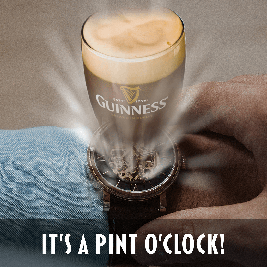 It's a Pint O'Clock - Irish Time! Irish time is always a pint o'clock time! No matter what time of day it is, when you're in Ireland, it's always time for a pint. So raise your glass and join in the fun! Sláinte!